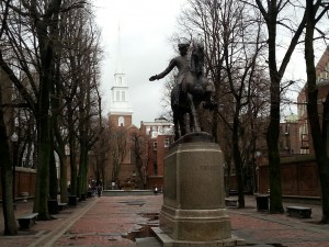 Paul Revere statue with Old North Church in the background; Boston's North End neighborhood.